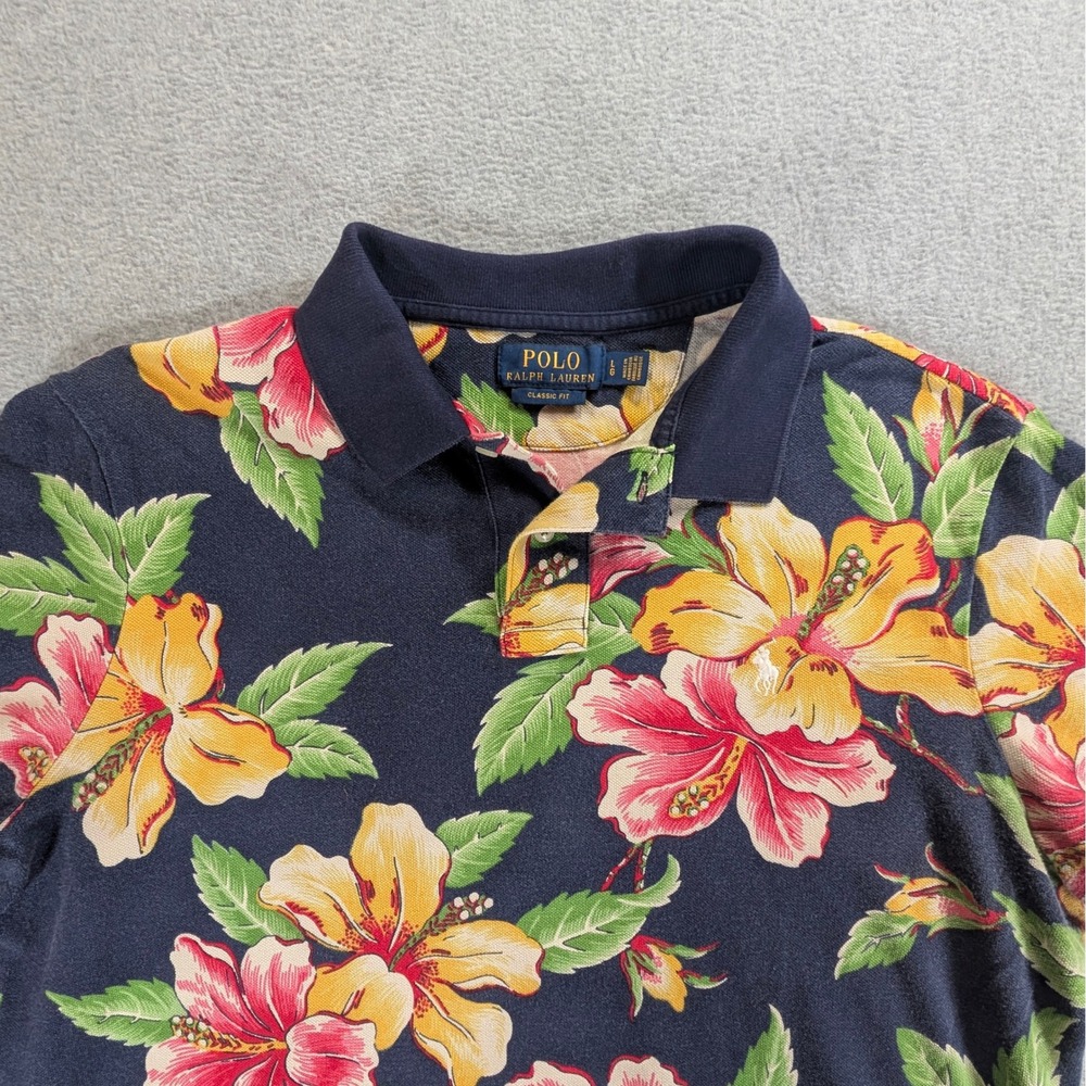Polo Ralph Lauren Mens Classic Fit Navy Blue Tropical Floral Polo Shirt Large‎